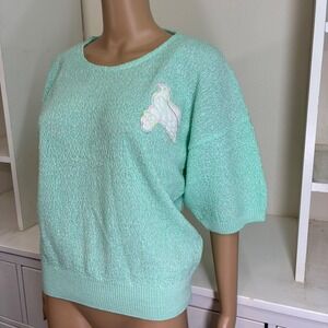 Vintage Mint Green Knit Sweater Bird Applique Short Sleeve Women's Top